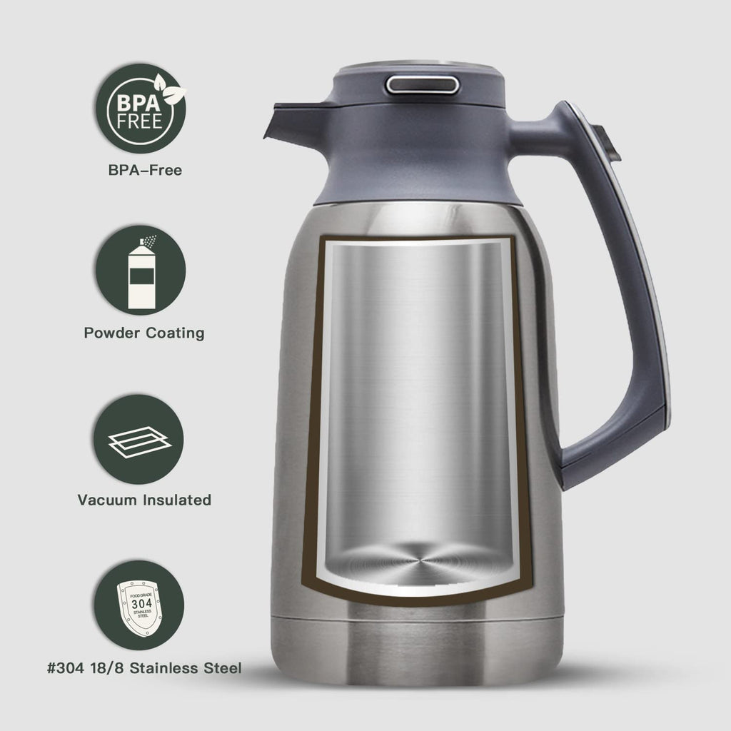 IDEUS Thermal Coffee Carafe, Stainless Steel Double Wall Insulated Vacuum Flask, Water Jug Coffee Server and Beverage Dispenser, Heat and Cold Retention (Metallic, 68, Fluid Ounces)