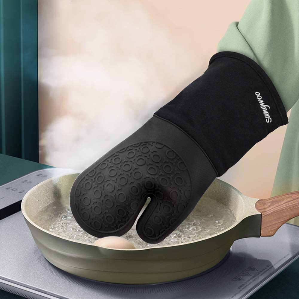sungwoo Silicone Oven Mitts, Heat Resistant Oven Gloves with Quilted Liner Non-Slip Textured Grip Perfect for BBQ, Baking, Cooking and Grilling - 1 Pair 13.8 Inch Black
