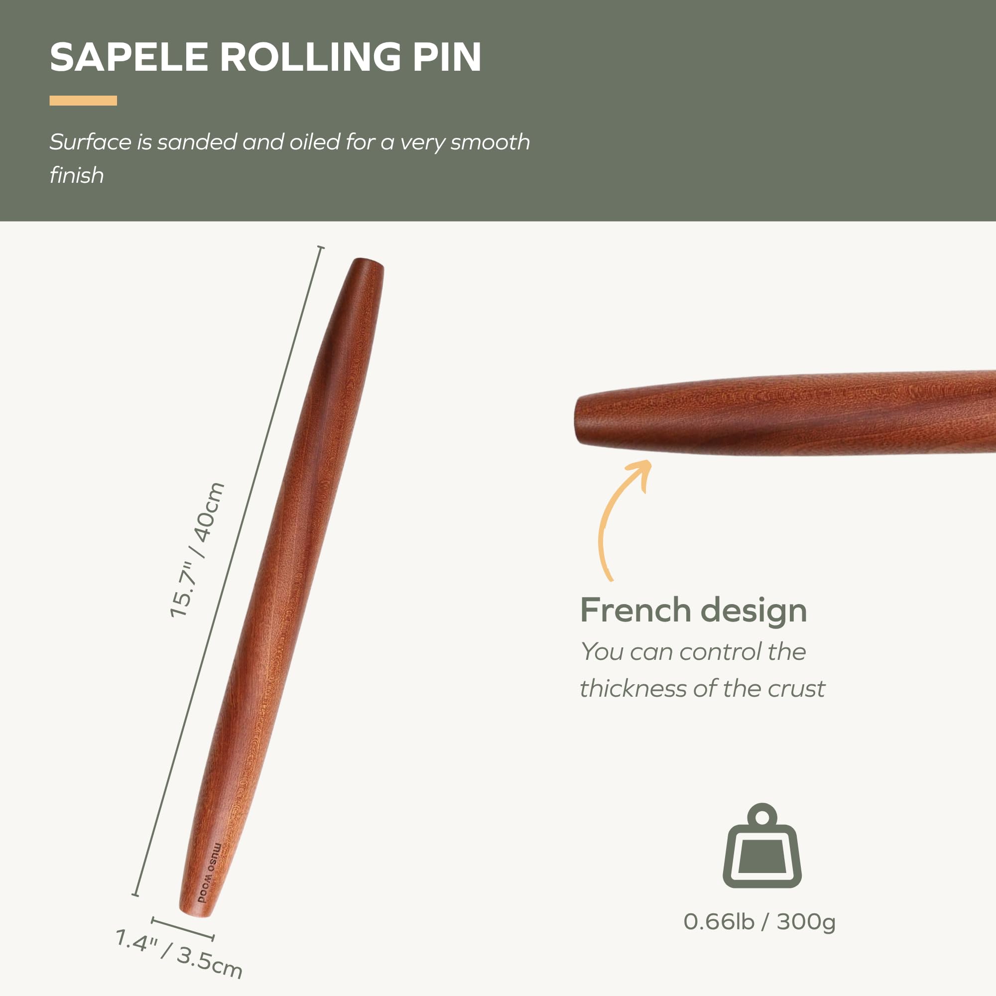 muso wood Sapele French Rolling Pin for Baking