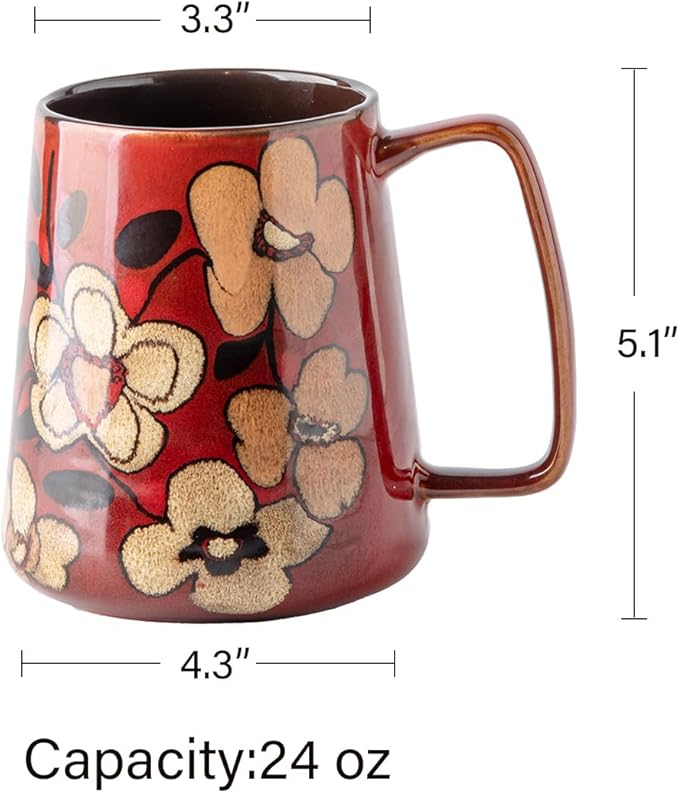 Large 24 oz Ceramic Coffee Mug with Large Handle, Vintage Floral Coffee Cup, Extra Big Tea Cup for Office and Home, Dishwasher and Microwave Safe, Red