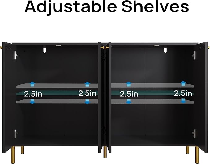 Black Fluted Sideboard Cabinet - Luxury Buffet Table with 4 Doors, Large Coffee Bar Station for Living Room, Kitchen, Hallway, Entryway Storage