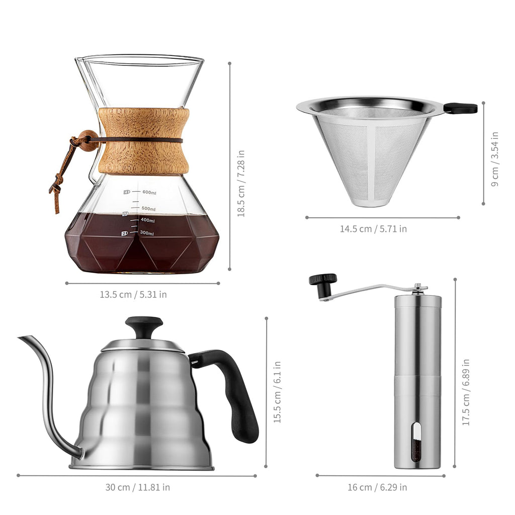 shoxil Pour Over Coffee Maker Set – 40oz Gooseneck Kettle with Thermometer, Coffee Grinder & 20oz Drip Coffee Maker – Stainless Steel Pour Over Coffee Set
