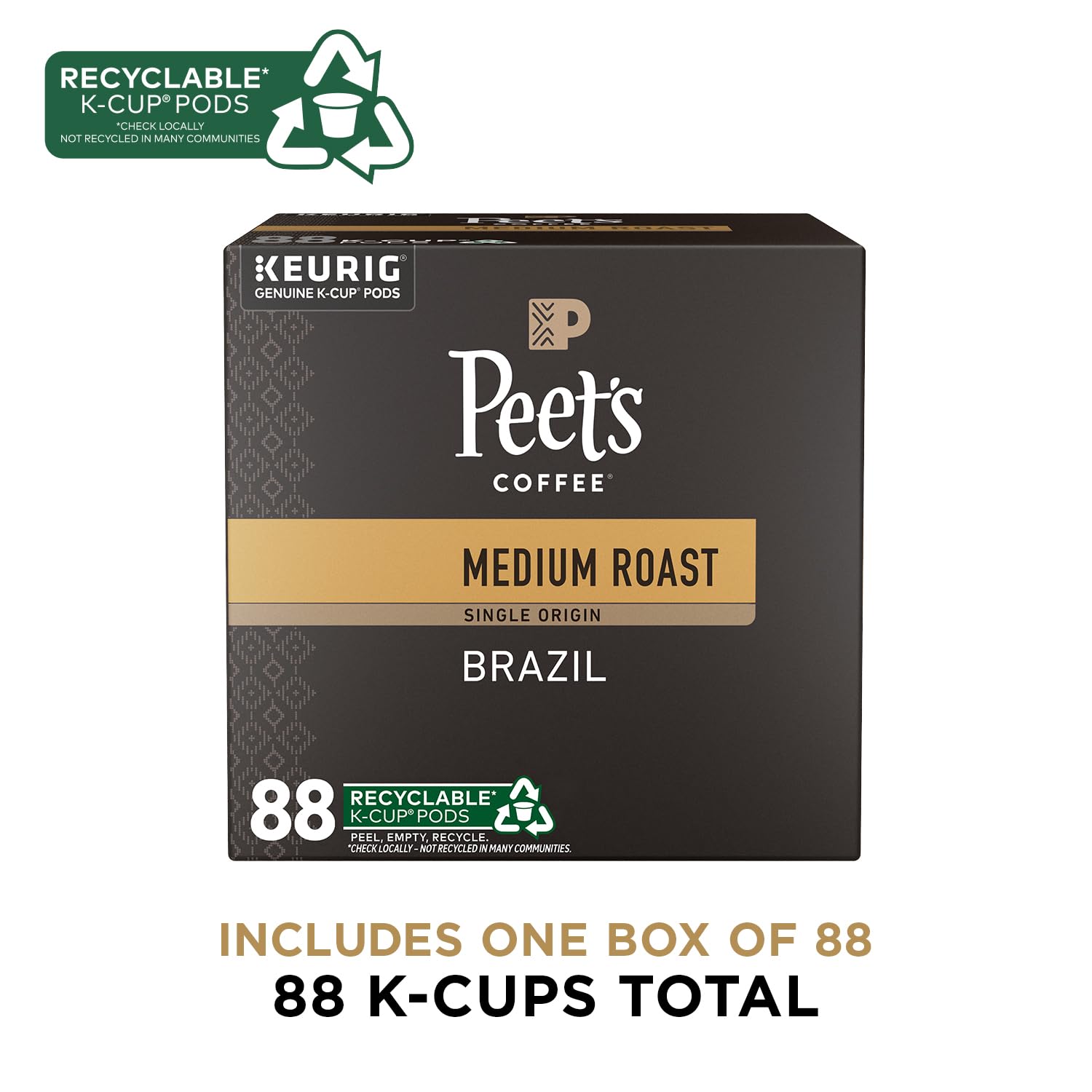 Peet's Coffee, Medium Roast Keurig K-Cup Pods, 100% Arabica Coffee - Single Origin Brazil 88 Count (4 Boxes of 22 Pods)