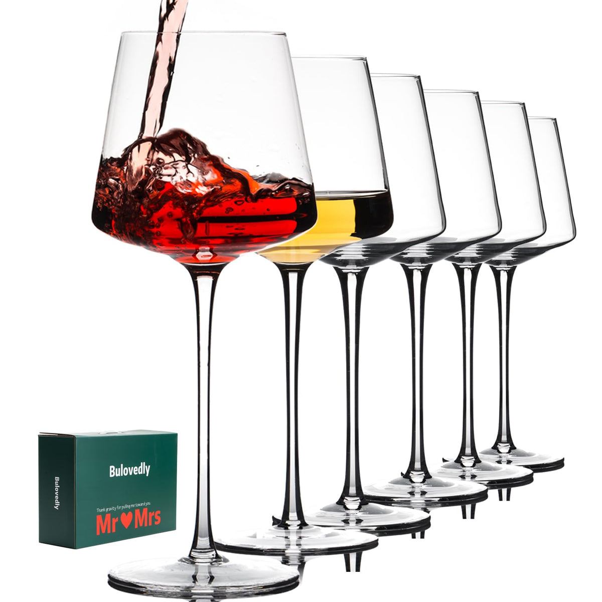 Thin Long Skinny Stem Red Wine Glasses Set of 6, Modern Flat Bottom Crystal