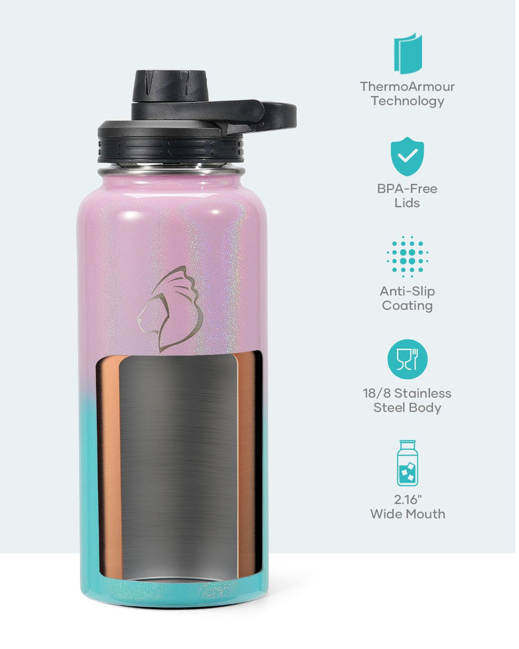 BUZIO 32 oz Water Bottle Insulated with Straw & 3 Lids (Cold for 48 Hrs)