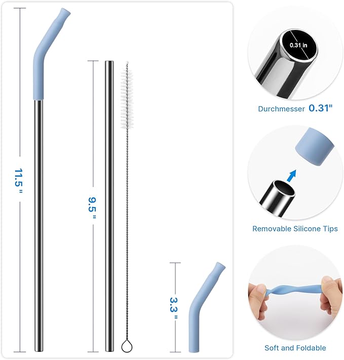 Metal Straw with Silicone Tip for 30oz Stanley Cup, 2 Pcs Stainless Steel Straws Replacement for Stanley 30 oz Adventure Quencher Travel Tumbler Cup, 1 Straw Brush (Light Blue)