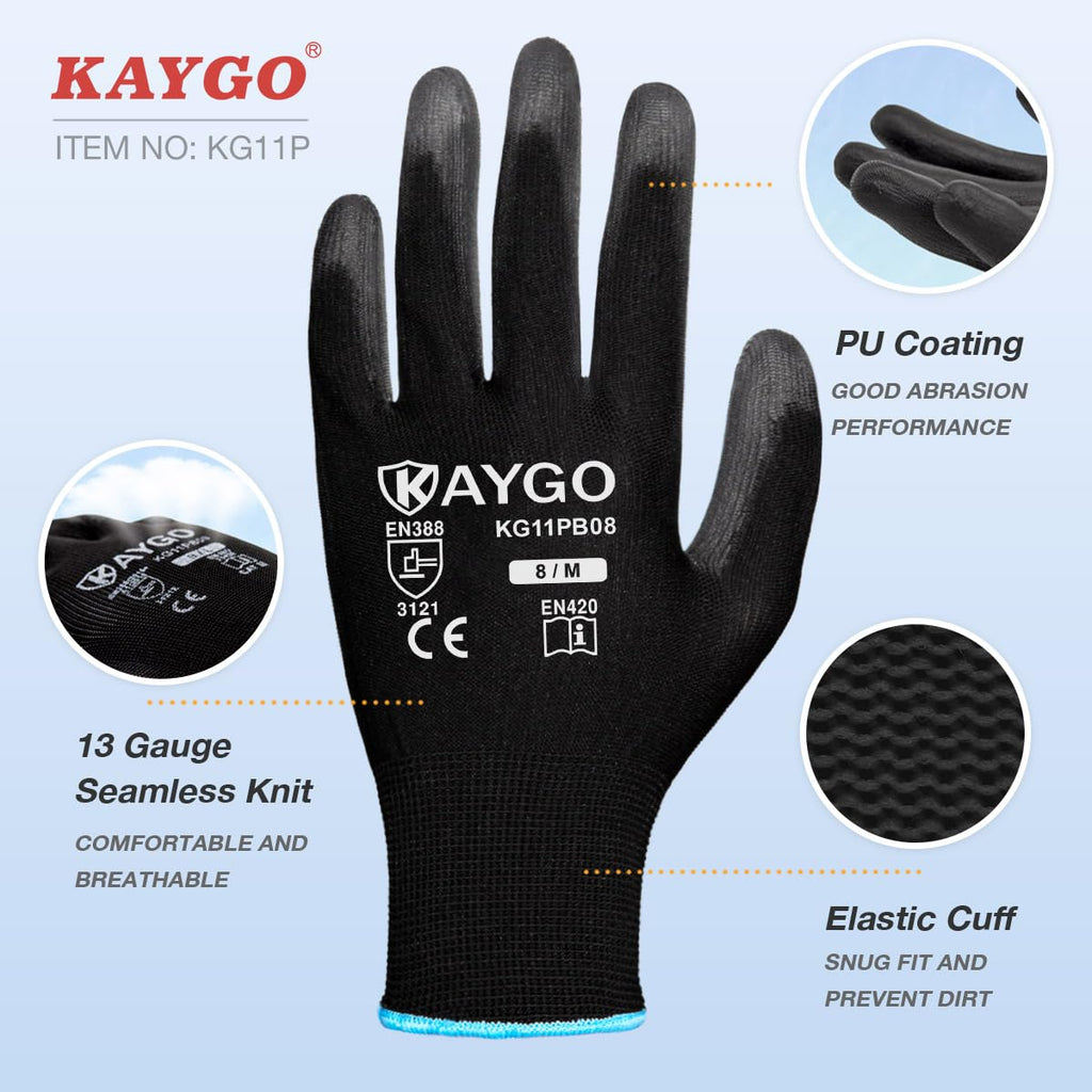 KAYGO Safety Work Gloves for Men Women, PU Coated Palm & Fingers, KG11P