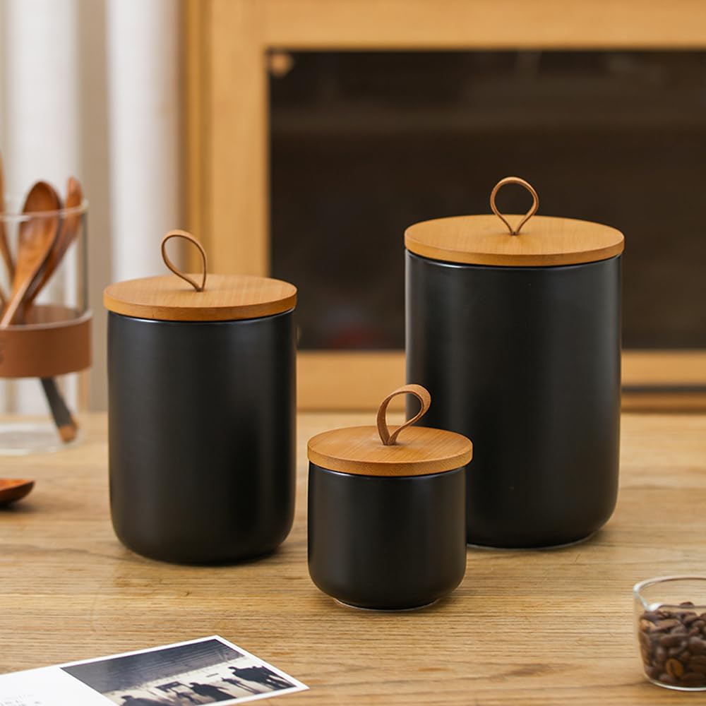 Jueison Ceramic Storage Jars, Modern Airtight Canisters with Wooden Lid (Black trumpet)