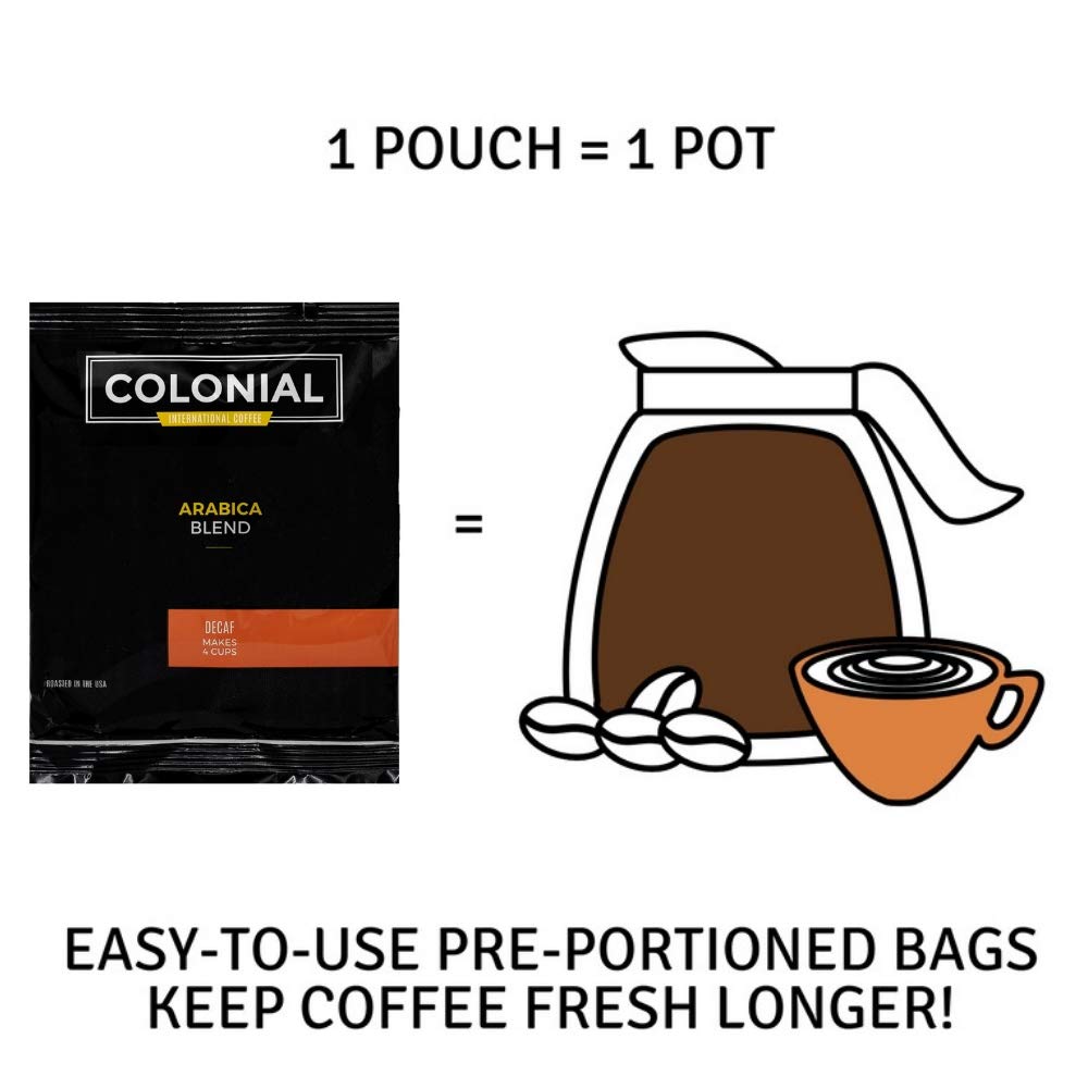 Colonial In-Room Decaf Ground Coffee Filter Packs for Hotel Rooms, Decaffeinated Dark Roast, 0.50 Ounce (Pack of 150), Use with 4-Cup Drip Coffee Machine