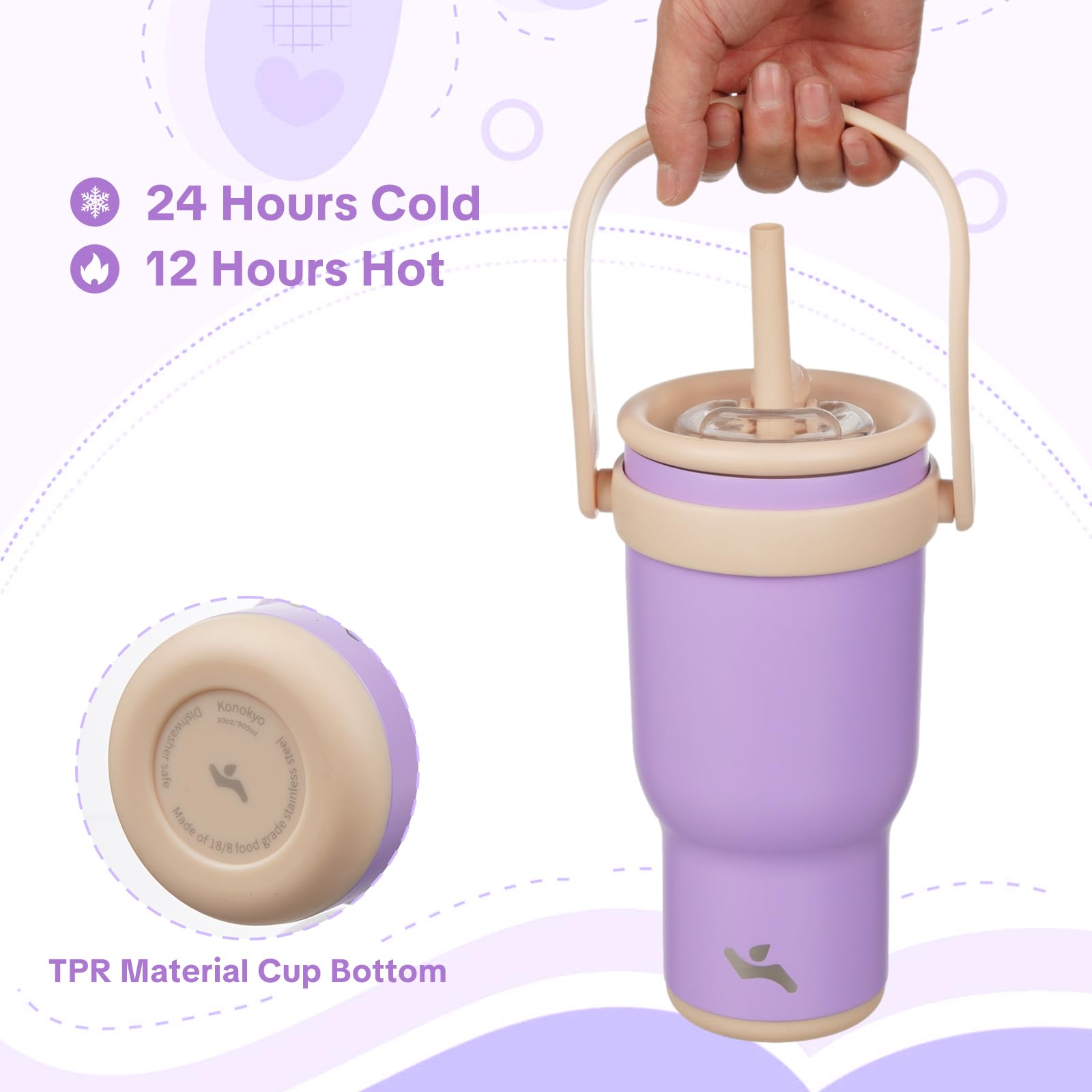 Konokyo 30 oz Tumbler with Handle and Straw, Insulated Travel Mug