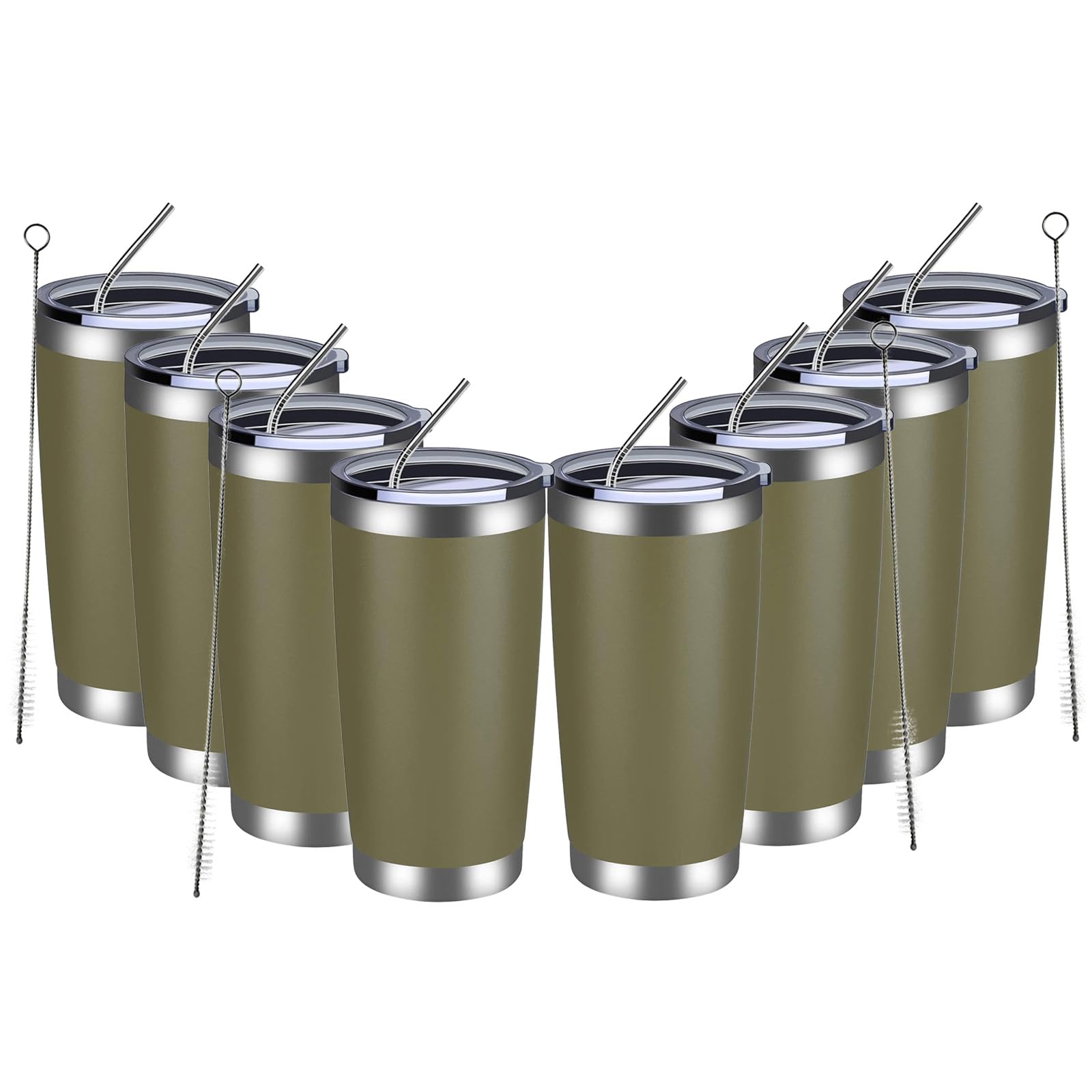 MEWAY 20oz Tumbler 8 Pack Double Wall Vacuum Insulated Travel Mug Bulk, Stainless Steel Tumblers with Lid and Straw, Durable Powder Coated Coffee Cups for Cold & Hot Drinks (Army Green, 8)