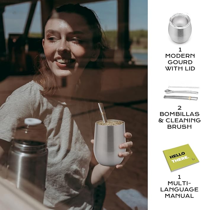 BALIBETOV 5 pcs large Yerba Mate Cup and Bombilla Kit, Includes one 12 oz Yerba Mate Gourd with Lid, Two Bombillas Mate Straw and one cleaning brush | Stainless steel | Double Walled