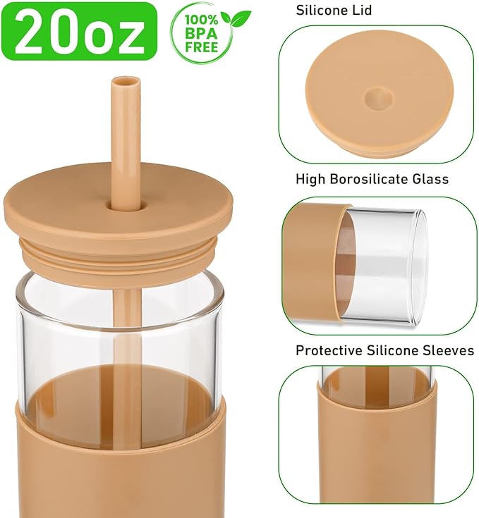 Tronco 20 oz Glass Tumbler With Lids and Straws, Reusable Smoothie Cups With Silicone Lid, Iced Coffee Cup With Silicone Protective Sleeve, Dishwasher Safe- BPA Free（Coffee 1 Count）