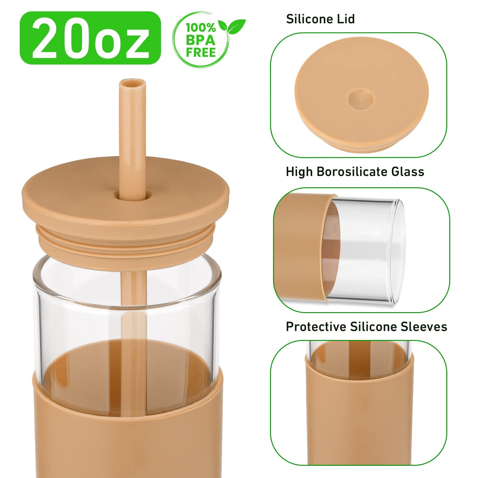 Tronco 20 oz Glass Tumbler with Lids and Straws, Reusable Iced Coffee Cups with Silicone Lid & Protective Sleeve, Dishwasher Safe, BPA-Free Borosilicate Glass for Coffee, Iced Tea, Water & Smoothies