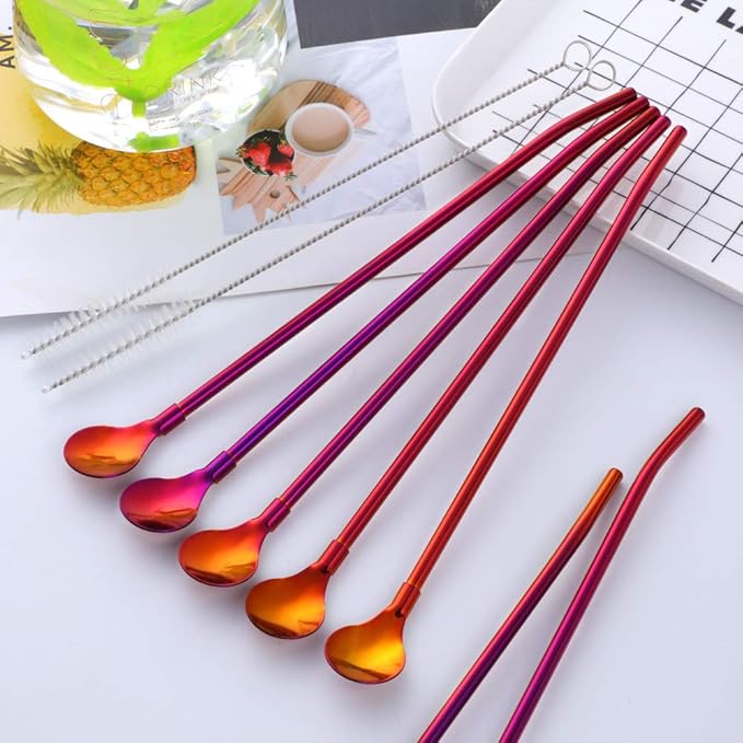 Straw Spoon, 8PCS 8.5inch Orange Red 18/8(304) Stainless Steel Metal Straws Reusable + 2 Brushes
