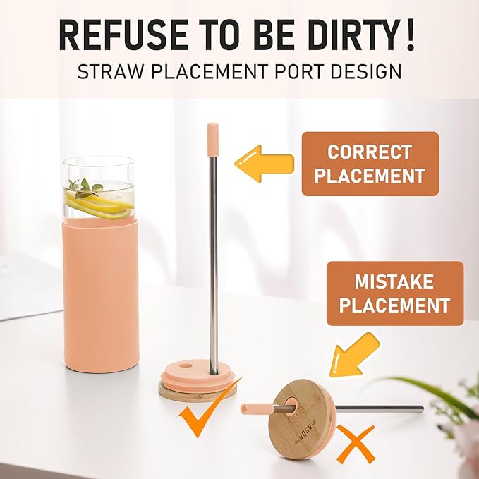 Glass Tumbler w/Lids & Straw:24oz Reusable Mug w/Bamboo Lid,Stainless Steel Straw, BPA-Free, Leak-Proof, Dishwasher Safe for Coffee, Smoothies, Hot Beverages,Travel,Office,Home Use,4-PK,Amber