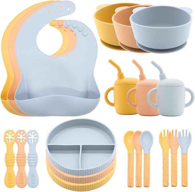 CHCC Silicone Baby Feeding Set 10 Pcs, Baby Led Weaning Supplies, Baby Feeding Supplies Set BPA Free, Baby Essentials for Newborn Gift Blue