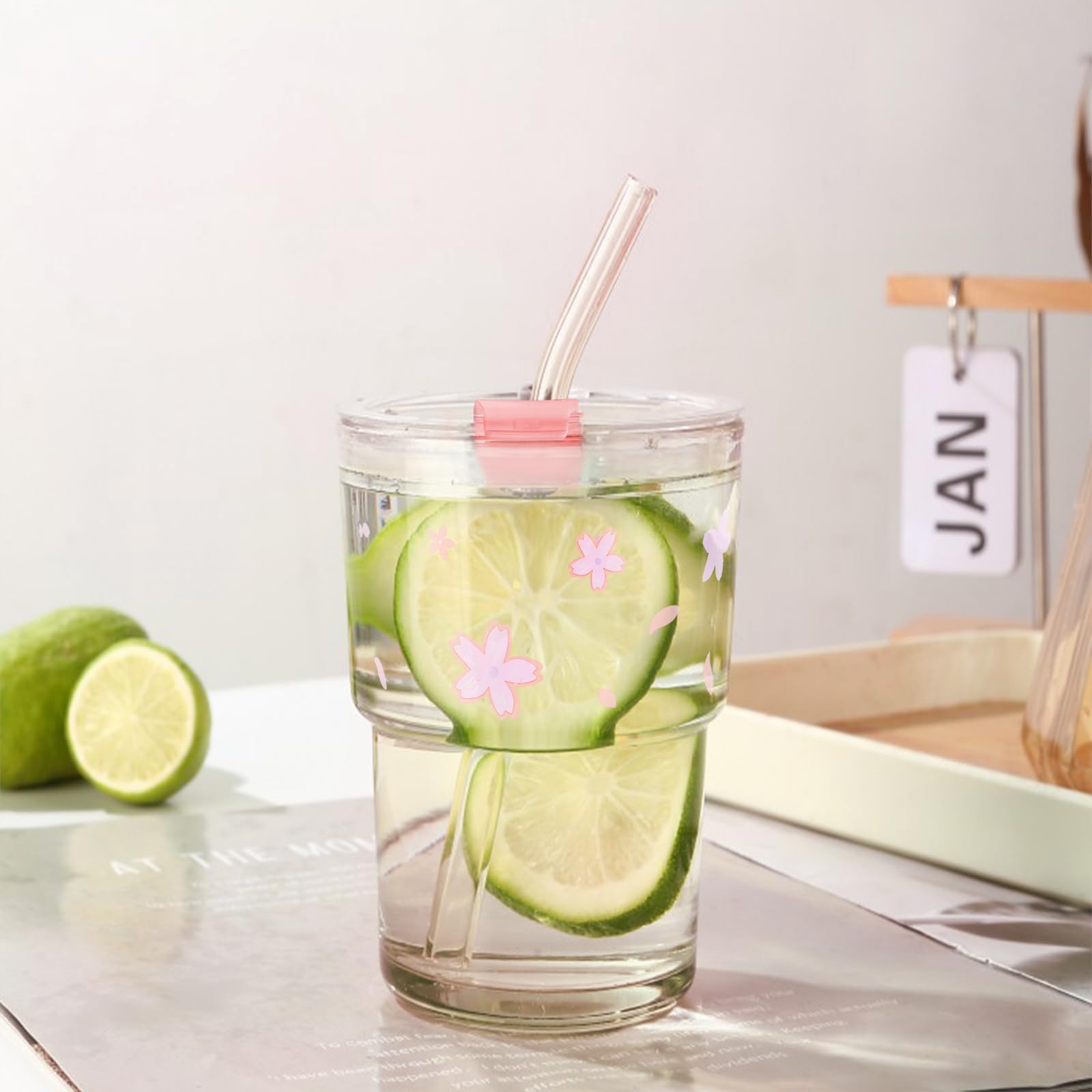 Colnic Iced Coffee Cup, 15Oz/450ml Glass Cups With Lids And Straws, Iced Coffee Glasses Tumbler, Thick Wall Mug For Tea Water With Glass Straw, Coffee Cute Tumbler Gifts (Pink)