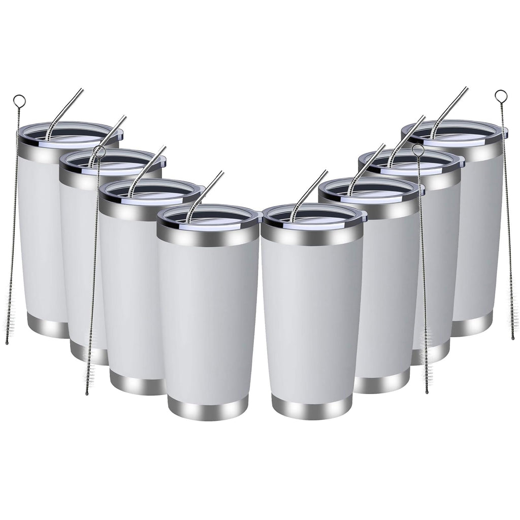 MEWAY 20oz Tumbler 8 Pack Double Wall Vacuum Insulated Travel Mug Bulk, Stainless Steel Tumblers with Lid and Straw, Durable Powder Coated Coffee Cups for Cold & Hot Drinks (White, 8)