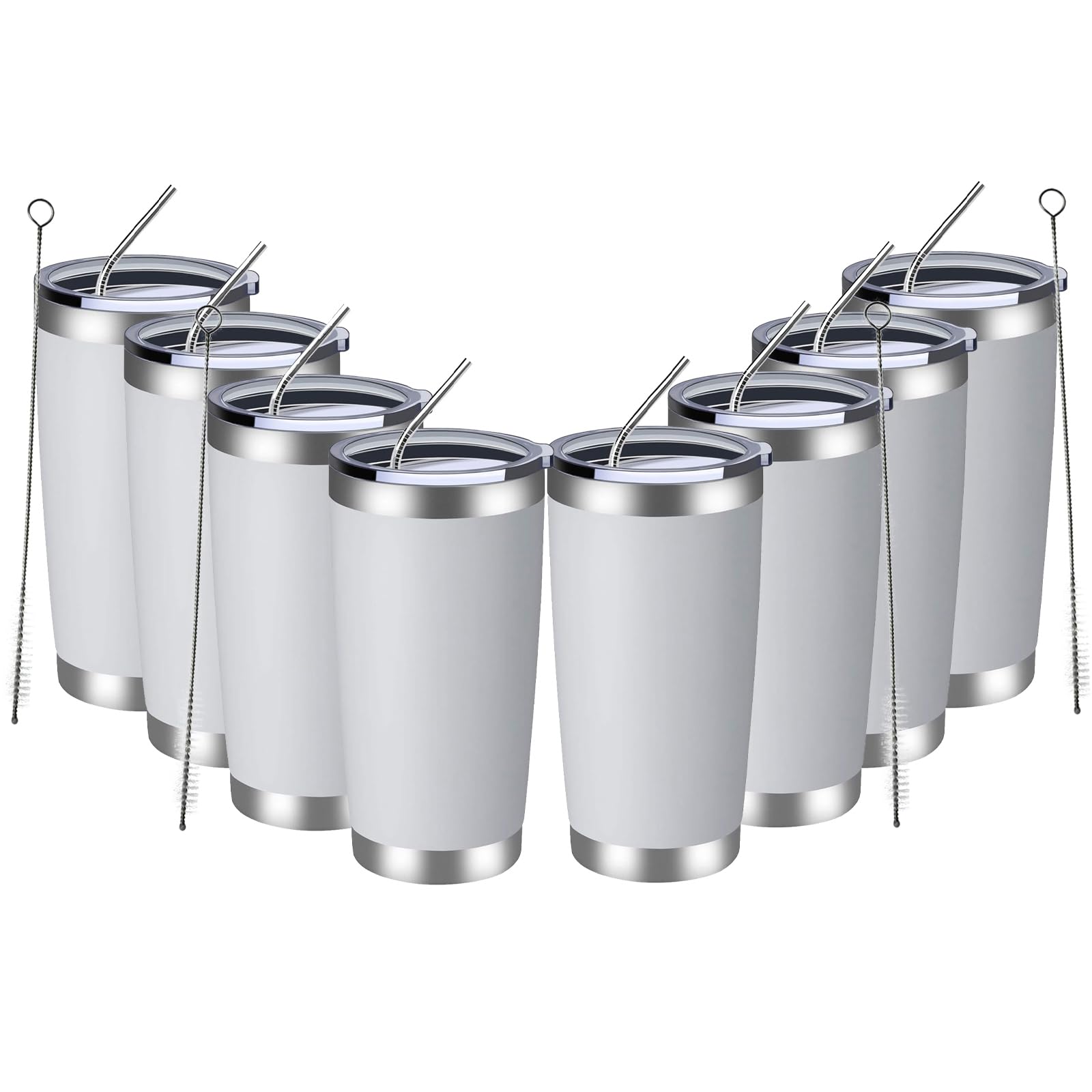 MEWAY 20oz Tumbler 8 Pack Double Wall Vacuum Insulated Travel Mug Bulk, Stainless Steel Tumblers with Lid and Straw, Durable Powder Coated Coffee Cups for Cold & Hot Drinks (White, 8)