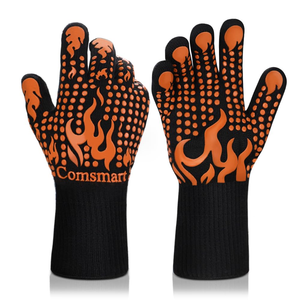 Comsmart BBQ Gloves, 1472°F Heat Resistant Grilling Gloves Silicone Non-Slip Oven Gloves Long Kitchen Gloves for Barbecue, Cooking, Baking, Short, Orange