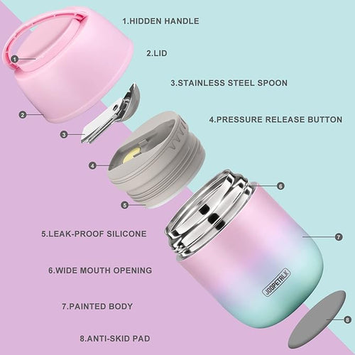 17 oz Insulated Lunch Containers Hot Food Jar, Wide Mouth Soup Thermo for Hot Food Kids Adults, Vacuum Stainless Steel Thermo Lunch Box With Handle Folding Spoon for School, Office (Blue-Pink)