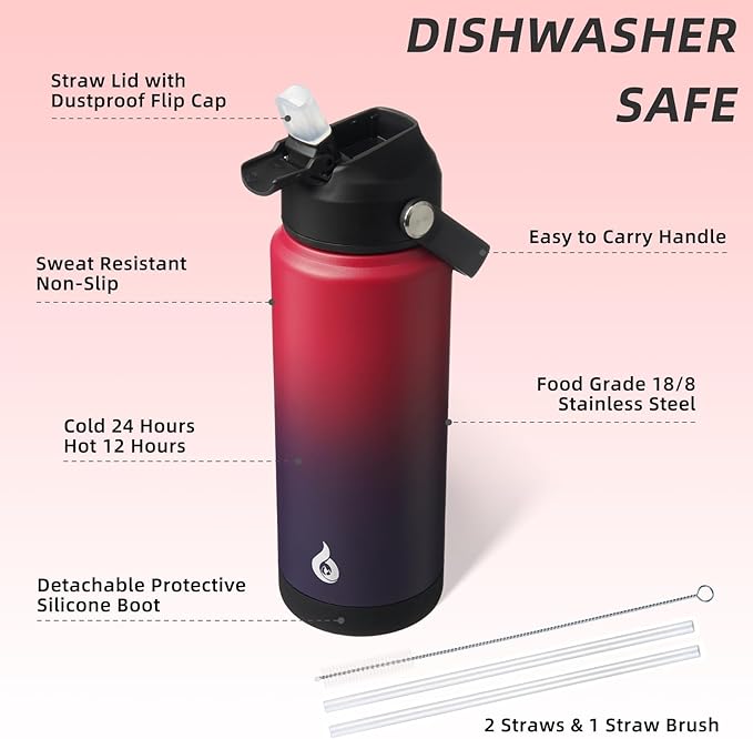 BJPKPK Water Bottle with Straw Lid, 24oz Vacuum Insulated Water Bottles, Metal Stainless Steel Thermos for Sports, Travel, BPA Free Leak Proof Thermos, Cups, Flasks, Tumblers,Charming Red