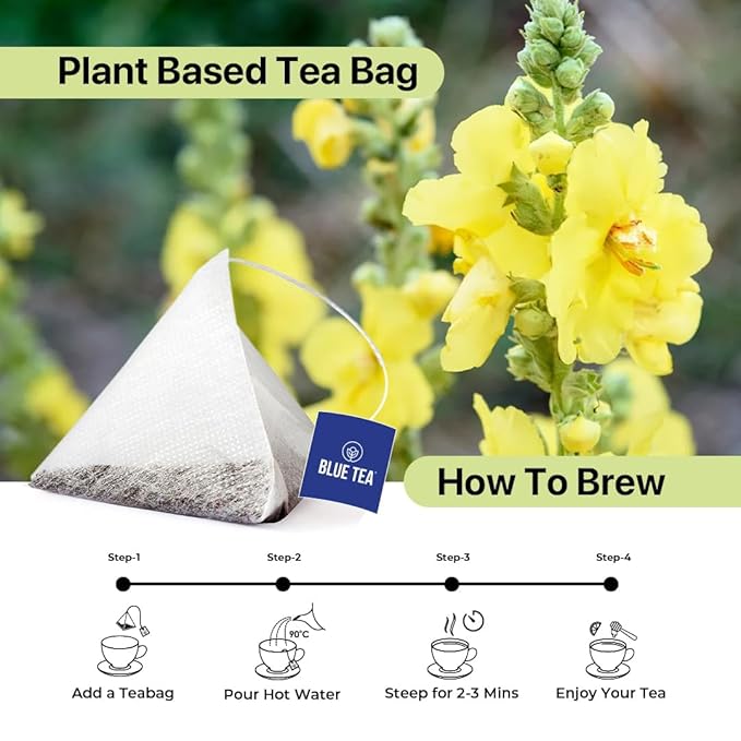 BLUE TEA - Mullein Tea - 30 Count - Pyramid Plant Based Tea Bag | LUNGS DETOX - FOR RESPIRATORY SUPPORT | Herbal Tea - Caffeine Free - Leaf Based - Non-Bitter - Vegan | Ziplock Pack