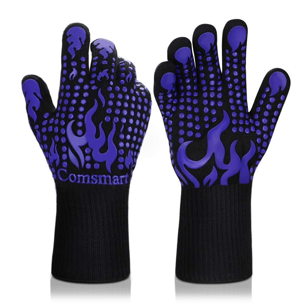 Comsmart BBQ Gloves, 1472 Degree F Heat Resistant Grilling Gloves Silicone Non-Slip Oven Gloves Long Kitchen Gloves for Barbecue, Cooking, Baking, Cutting