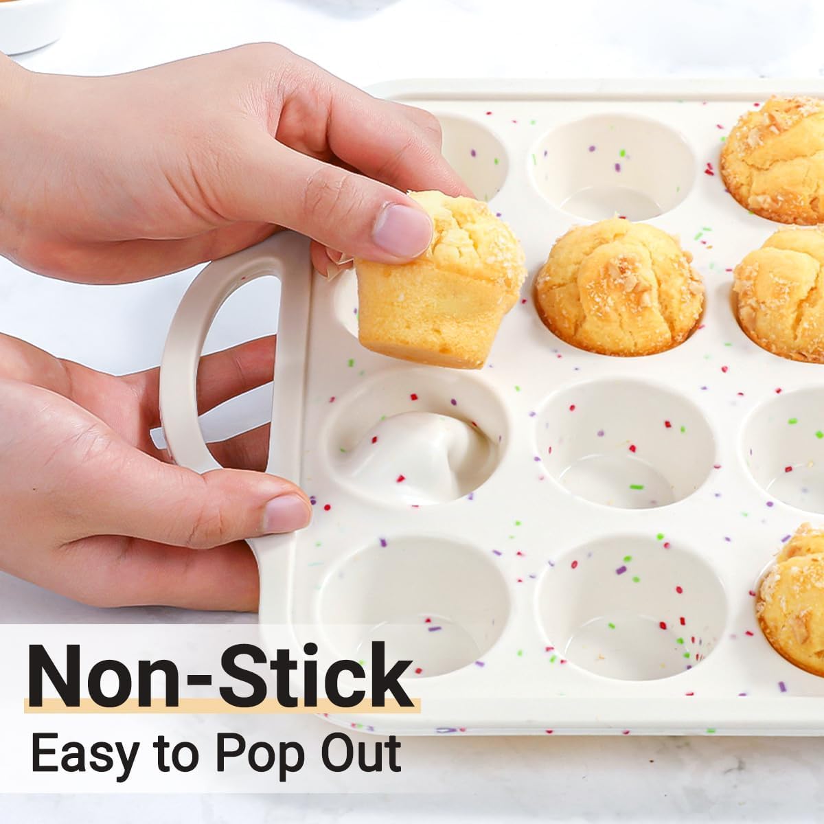 FUNBAKY Silicone Mini Muffin Pan, Metal Reinforced Frame 24 Cups Nonstick Mini Cupcake Pans with Handles Easy to Move for Baking Muffin, Cupcake, Egg Bites Oven Safe, Silicone Molds 2 Pack Confetti