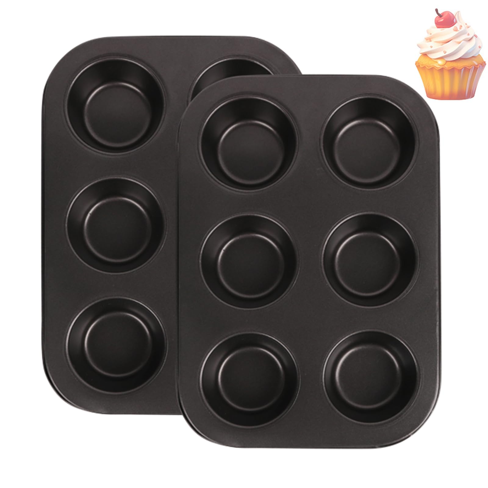 Cayanmydery 2 Packs 6-Cup Muffin Baking Pan Tin, Small Round Muffin Tin, Nonstick Cupcake Pans, Cheesecake Pans, Carbon Steel, Black