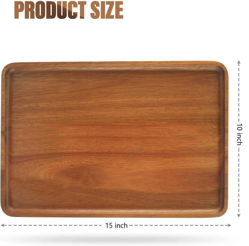 2pcs 15"x10" Solid Acacia Wood Serving Trays Rectangular Wooden Serving Platters Natural Wooden Boards for Bar Coffee Party（Brown）