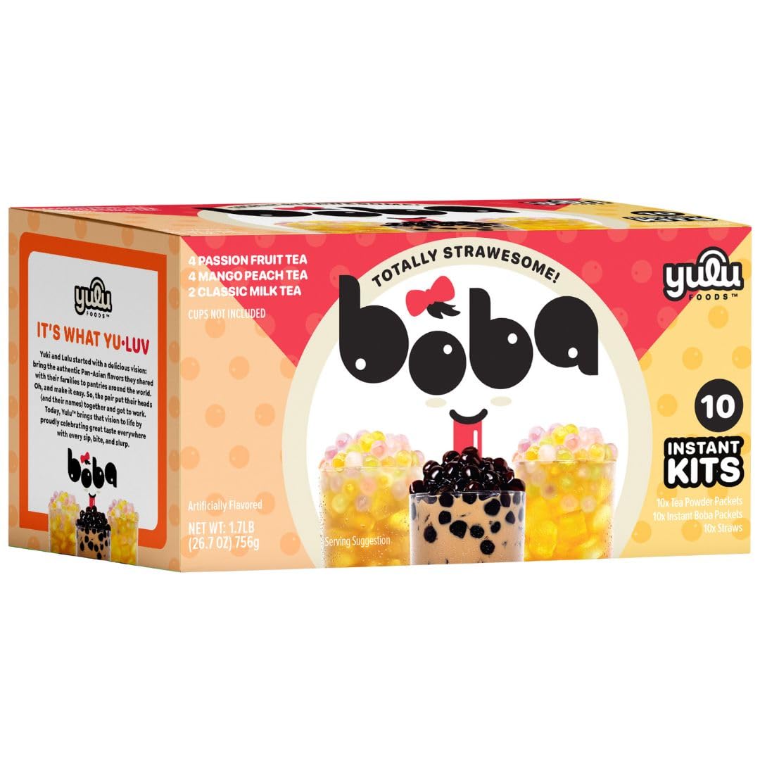 Boba Bundle Kit 10 Serv. Instant Bubble Pearl Variety Milk Tea Kit with Authentic Brown Sugar Tapioca Pearls by Yulu Foods - Ready in Under 1 Minute, Includes Paper Straws - Gift Box, Holiday (Classic, Mango Peach, Passionfruit)