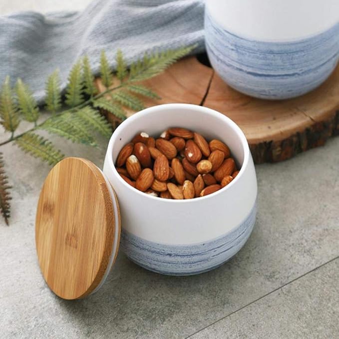 Food Storage Jar White Ceramic Food storage canister with Airtight Wooden Lid for serving Coffee, Tea, Sugar, Spice and More (700ml)
