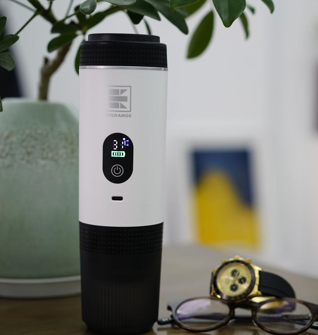 EVERANGE Portable Electric Espresso Machine, Travel Coffee Maker Brewer Compatible with Ground Coffee & NS Capsules (White with LCD Screen)