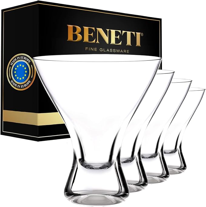 BENETI Martini Glasses Set of 4 | Made in Europe | 8oz Clear Stemless Cocktail Bar Drinking Glassware Set for Parties (4 Pack)