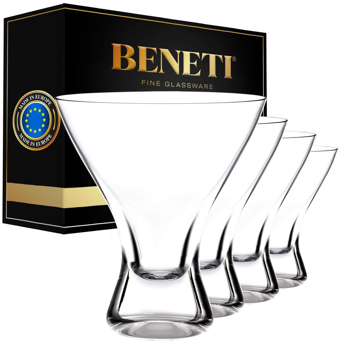 BENETI Martini Glasses Set of 4 | Made in Europe | 8oz Clear Stemless Cocktail Bar Drinking Glassware Set for Parties (4 Pack)