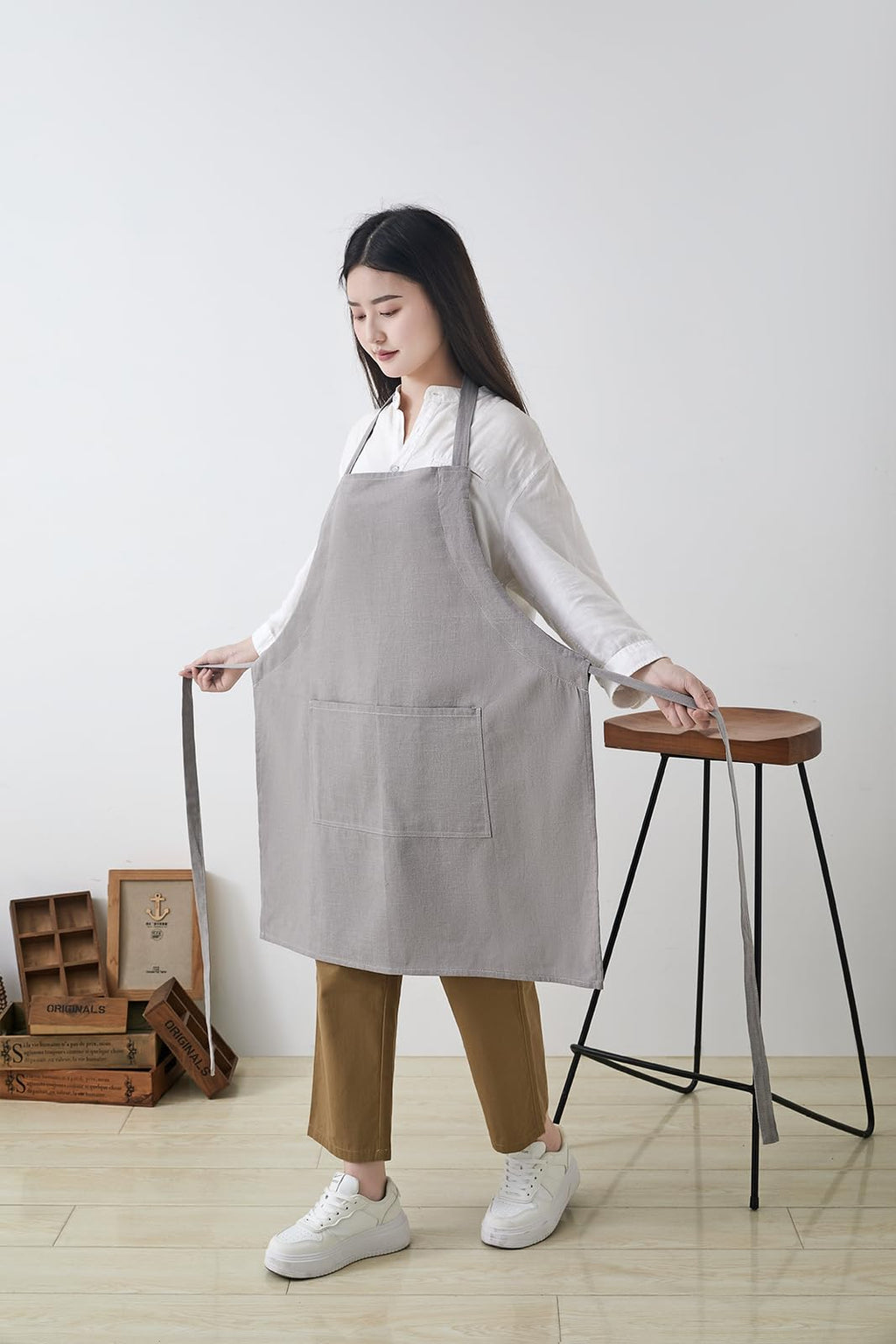 Tobyan Cotton Linen Apron for Women - Adjustable Casual Apron with Pocktes, Great for Florist, Coffee House and Kitchen (Light Grey)