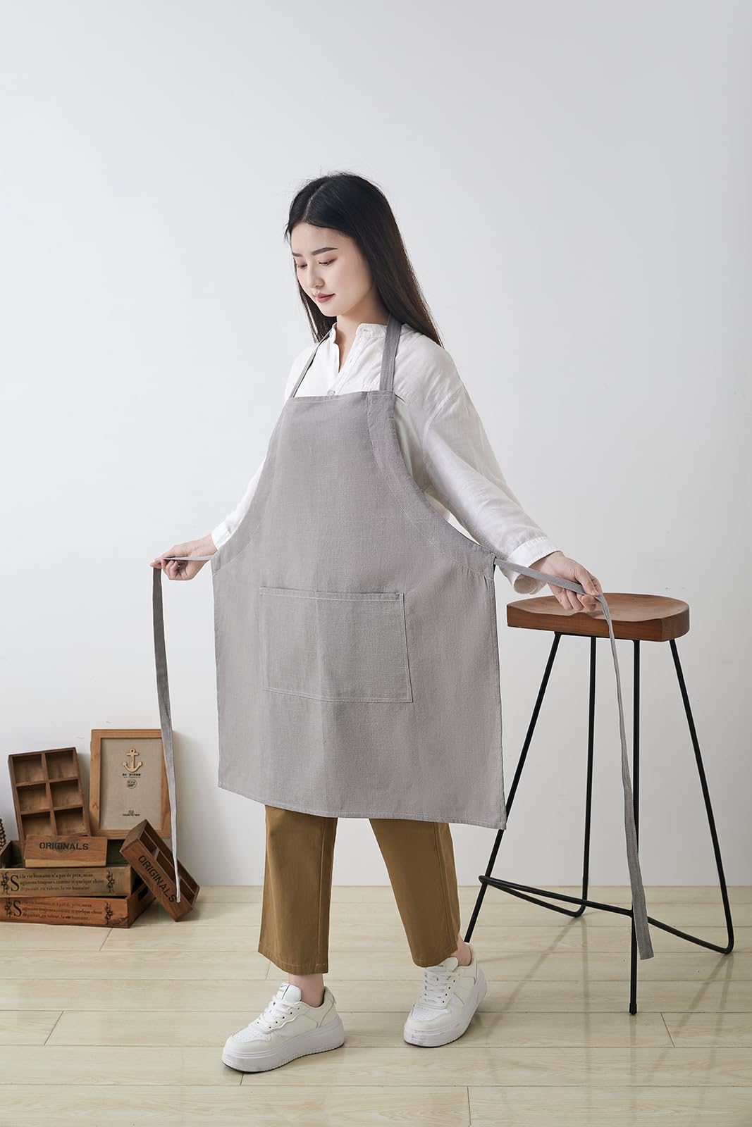 Tobyan Cotton Linen Apron for Women - Adjustable Casual Apron with Pocktes, Great for Florist, Coffee House and Kitchen (Light Grey)
