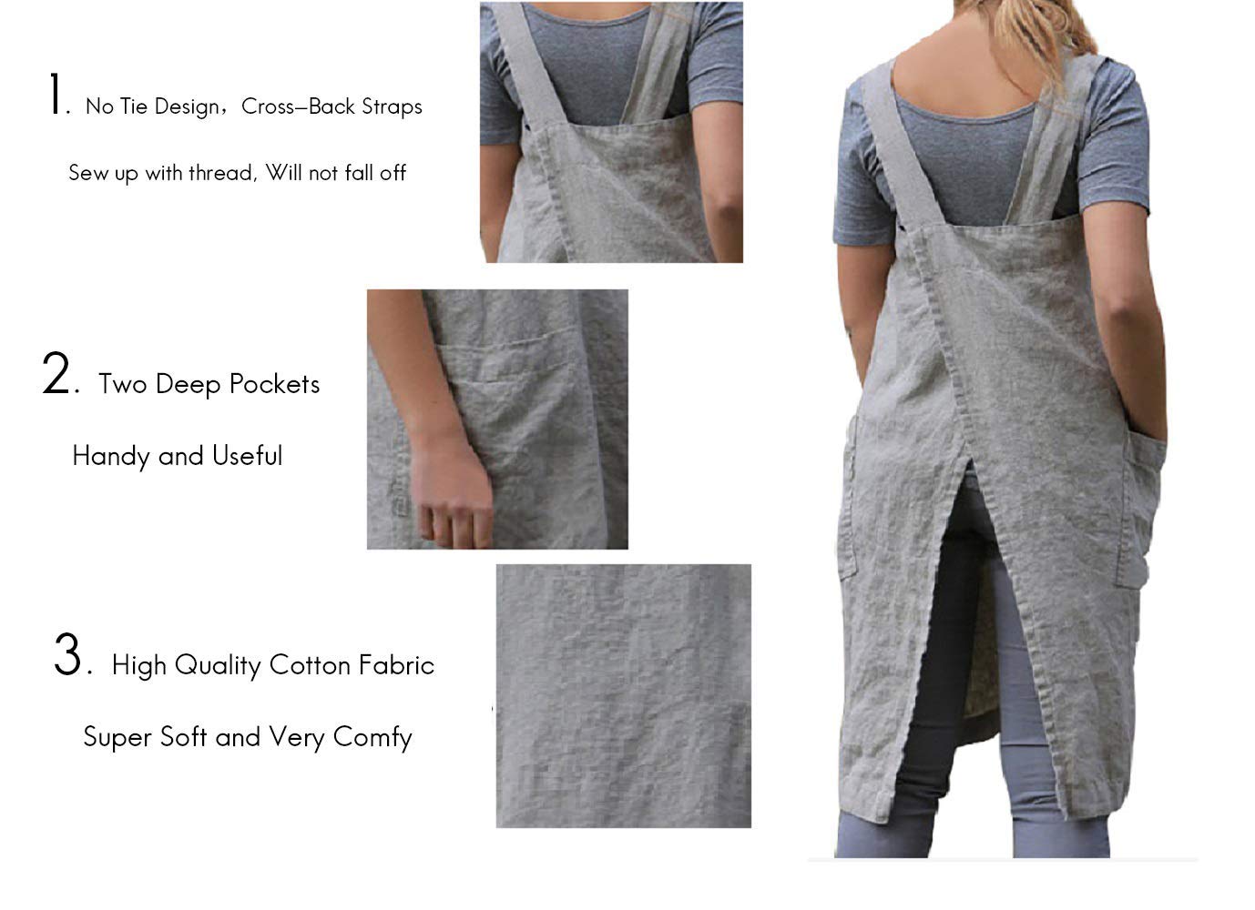 Larmliss Women’s Pinafore Square Apron Baking Cooking Gardening Works Cross Back Cotton/Linen Blend Dress with 2 Pockets Gray