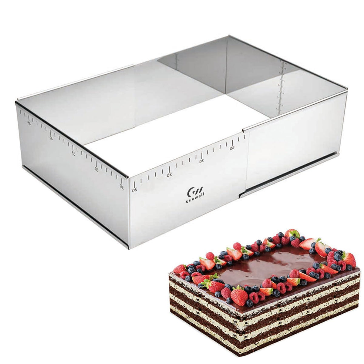 Guowall Extensible Square Cake Ring Mold Adjustable Stainless Steel Mousse Ring Detachable Nonstick Cake Cutter Pastry Shaping for DIY Baking - 6.2 × 6.2 ×2 inch
