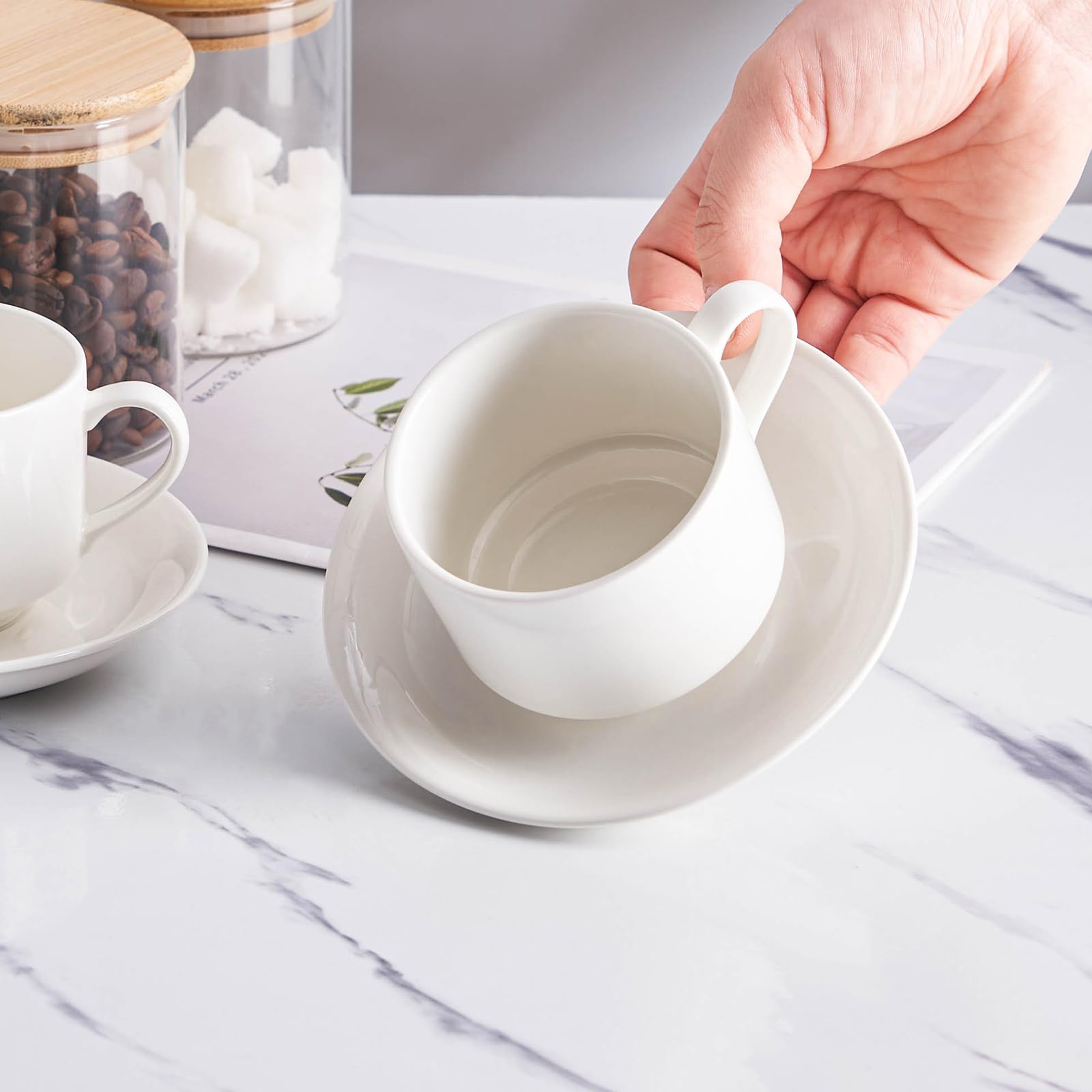 YOLIFE 8oz Porcelain Stackable Cappuccino Cups with Saucers and Metal Stand Set of 4, Coffee cups for Espresso, Specialty Coffee Drinks, Latte, Americano and Tea - White