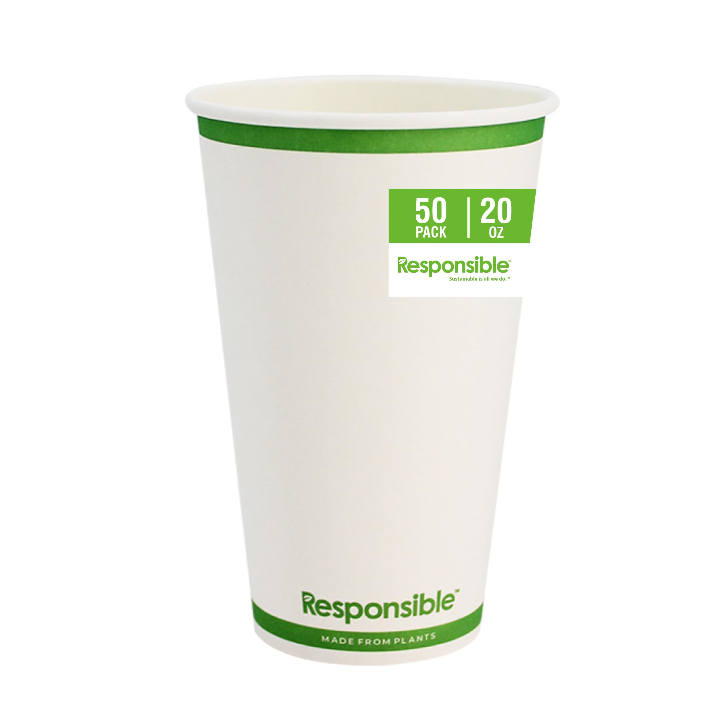 Responsible Products Certified Compostable 20 oz Paper Cups, Cold ＆ Hot Coffee Cups, Disposable Paper Cups, Extra Strength Disposable Cups, Made without PFAS (50 count)
