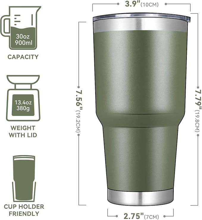 DOMICARE 30 oz Tumbler with Lid and Straw, Stainless Steel Tumblers Bulk, Insulated Vacuum Double Wall Travel Coffee Mug, Durable Powder Coated Tumbler Cup (Army Green, 1)