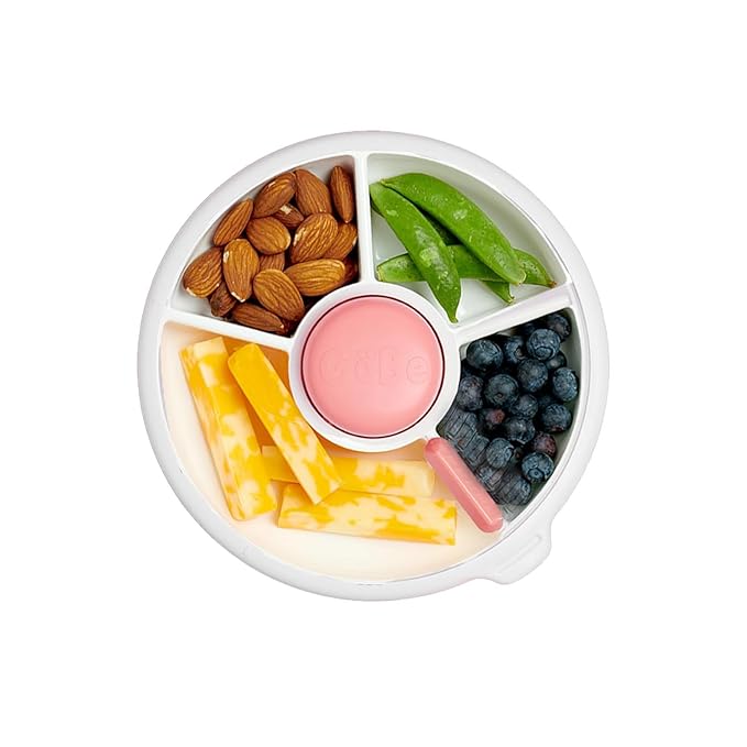 GoBe Kids Small Snack Spinner Flip Bundle with Hand Strap and Sticker Sheet - Reusable Snack Container with 5 Compartment Dispenser and Lid | BPA/PVC Free | Dishwasher Safe | No Spill - Coral Pink