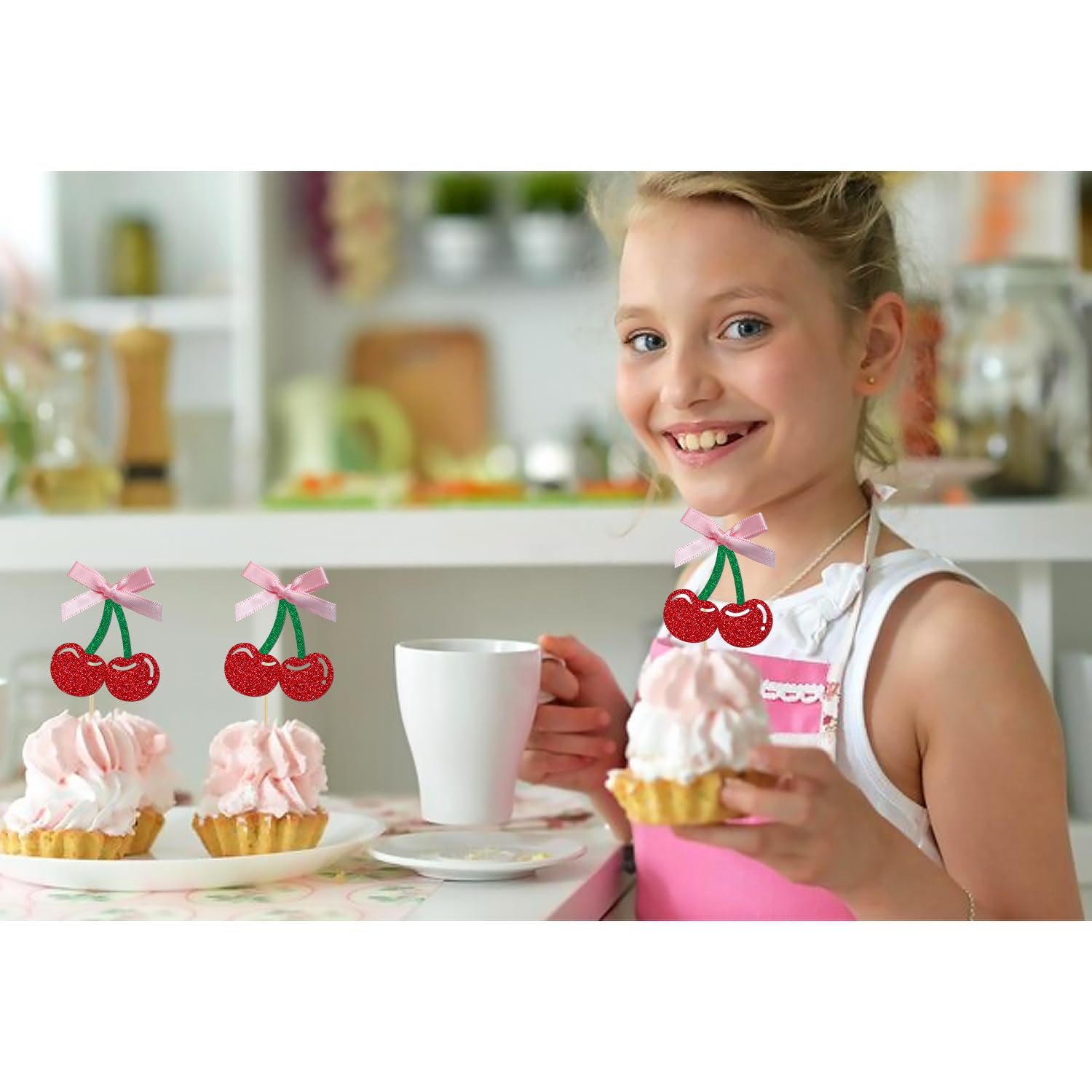 24 Pack Cherry Cupcake Toppers, Glitter Sweet Cherry Cupcake Pick