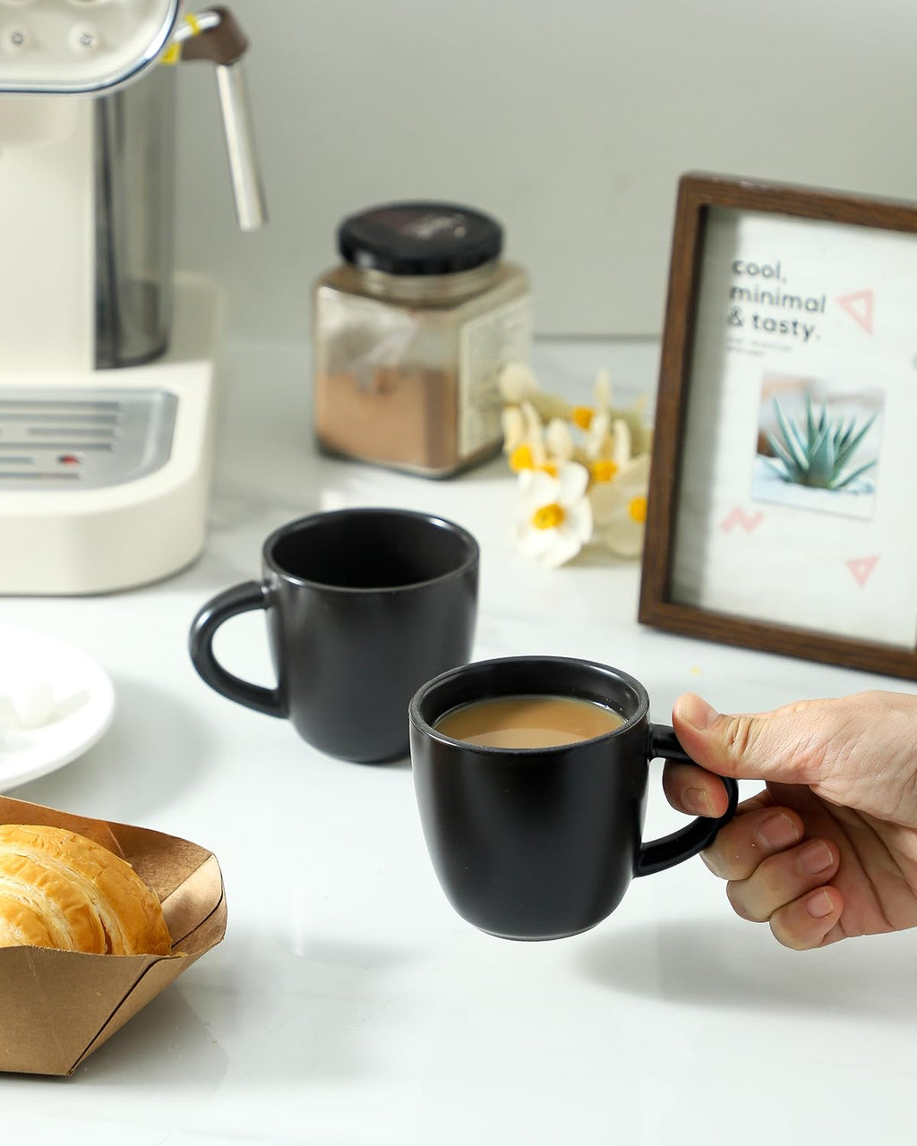 HASENSE 5 Ounce Espresso Cups Set of 4, Ceramic Stackable Mini Coffee Mugs with Handle for Demitasse, Cappuccino, Latte, Americano, Suit for Espresso Machine and Coffee Maker, Black