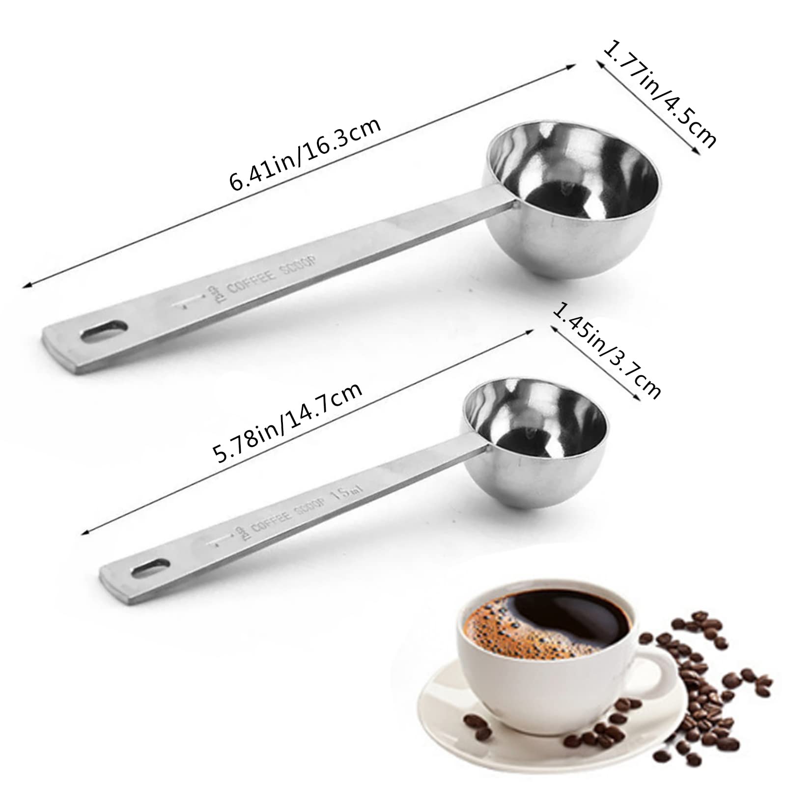 2 Pack Coffee Scoop, Tablespoon measure spoon contains 1 tablespoon (15ml) and 2 tablespoons (30ml), Stainless steel long handle coffee spoon silver