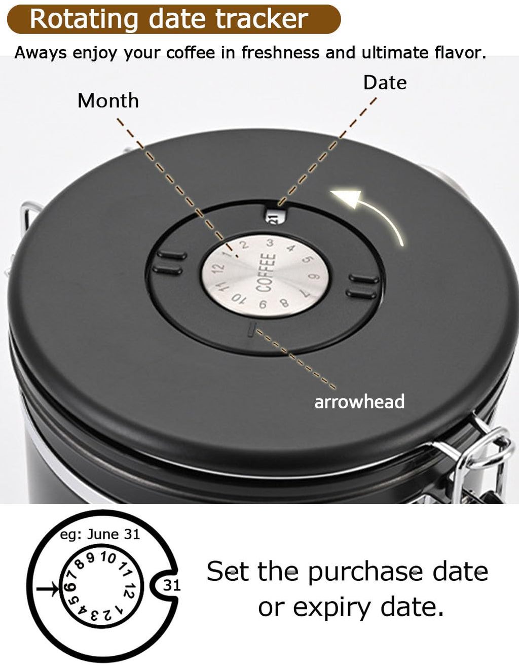 Walktosun Coffee Canister Airtight Storage Container Stainless Steel Coffee Jar with Scoop,Date Tracker CO2 Release Valve for Dry Food Beans Ground Tea Flour Cereal and Sugar