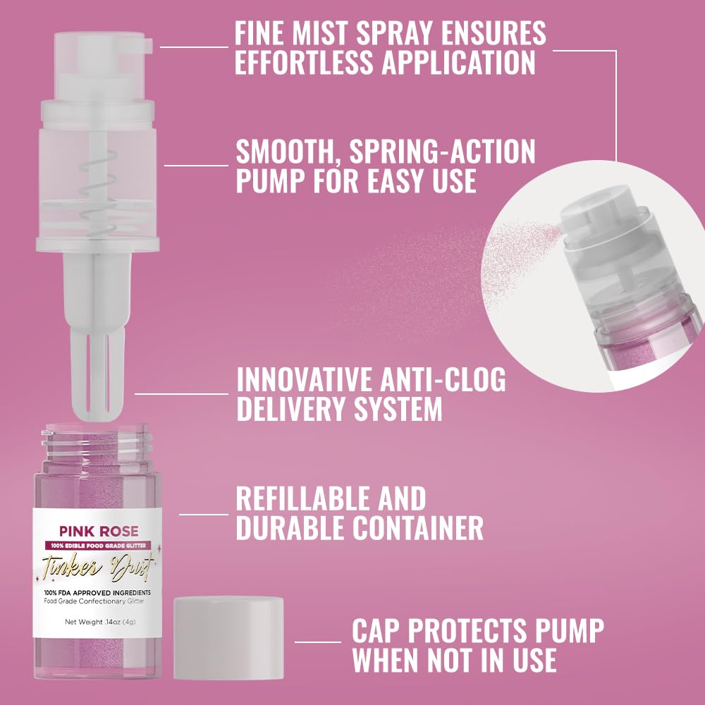 Bakell - Pink Rose Tinker Dust (4g, 1x Mini Spray Pump) Edible Glitter for Food, Desserts, and Baked goods!